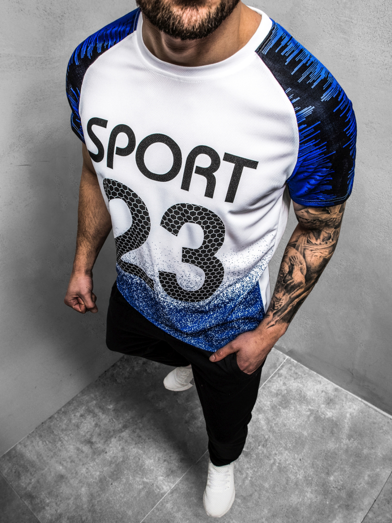 T-Shirt męski biało-niebieski OZONEE JS/KS2068Z