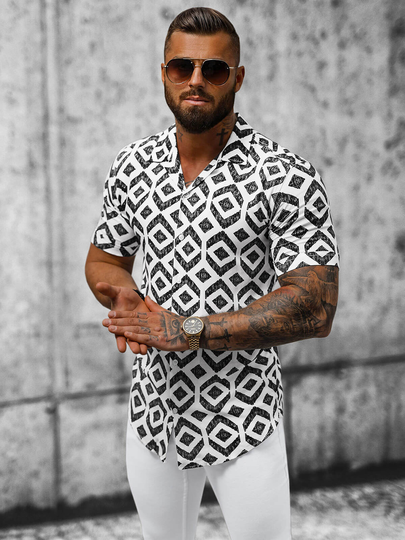 Koszula męska z krótkim rękawem biało-czarna OZONEE E/1400/26Z