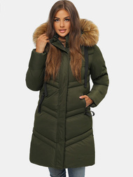 Płaszcz zimowy damski z kapturem ciemno-zielony OZONEE JS/M731/136