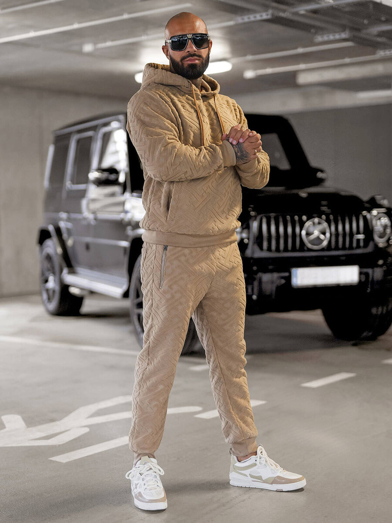 Komplet dresowy męski welurowy beżowy OZONEE O/3C390