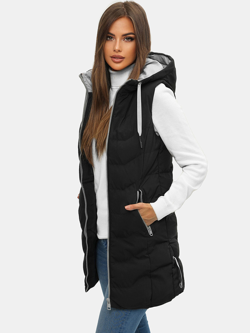 Kamizelka damska długa pikowana z kapturem czarna OZONEE N/7042