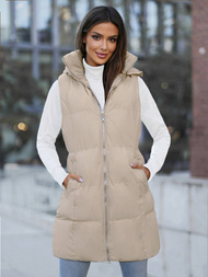 Kamizelka damska długa pikowana z kapturem beżowa OZONEE JS/M721/62Z