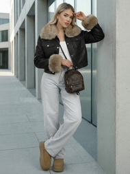 Жіноча шкіряна Kуртка Чорно-Бежева OZONEE JS/61M8513/392B