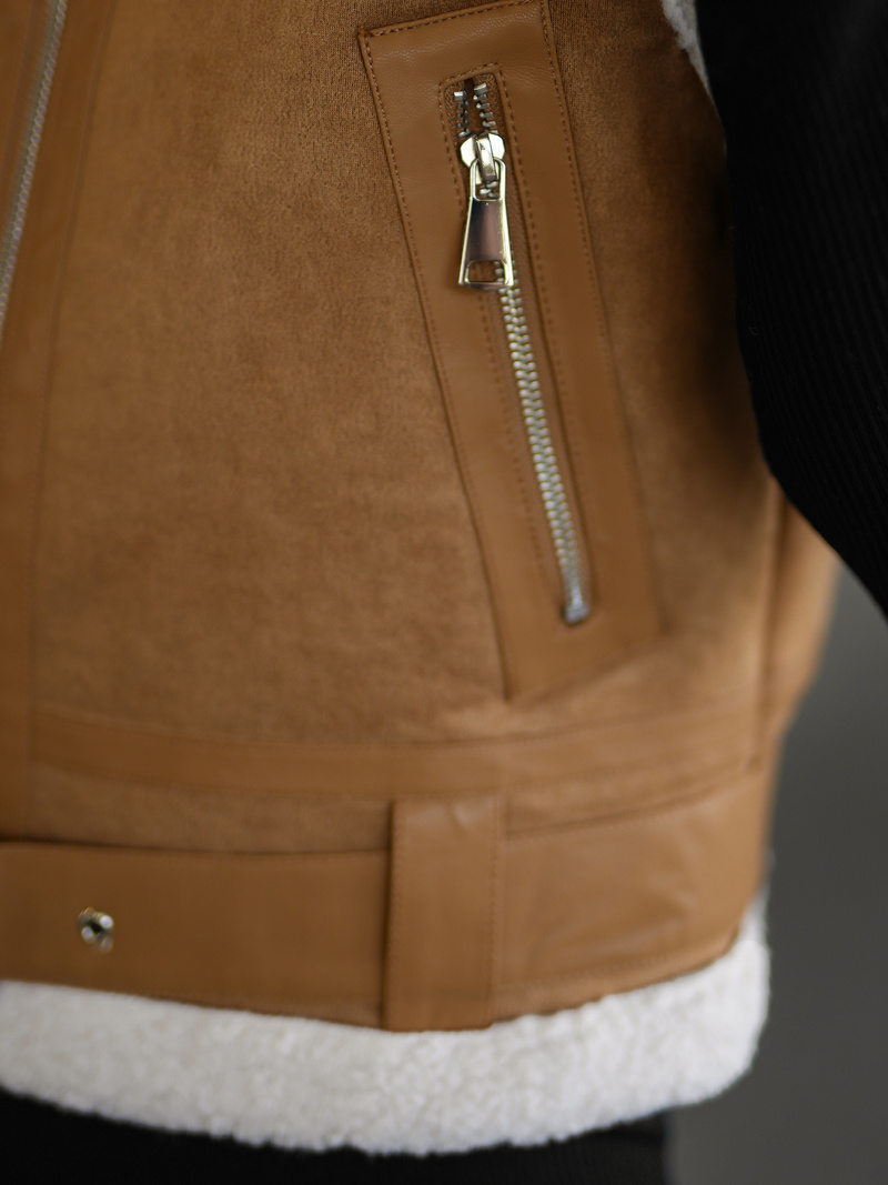 Kamizelka skórzana damska z kożuszkiem camelowa OZONEE JS/11Z8238