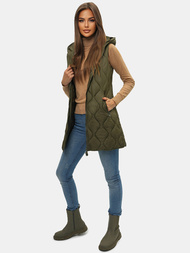 Kamizelka damska długa pikowana z kapturem khaki OZONEE O/H928/13
