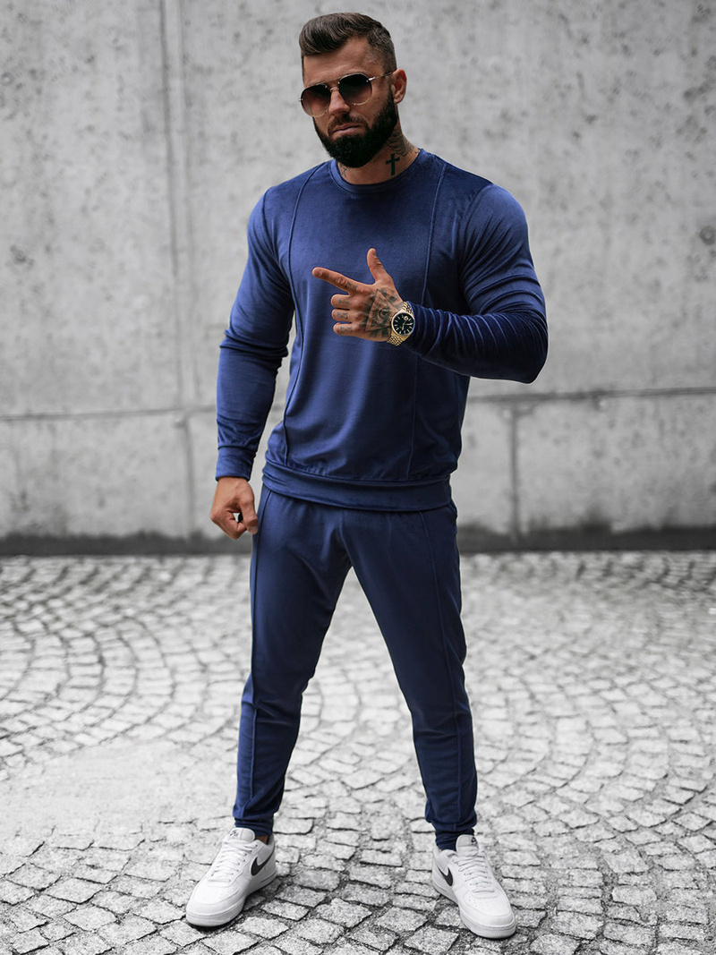 Komplet dresowy męski welurowy granatowy OZONEE O/12129