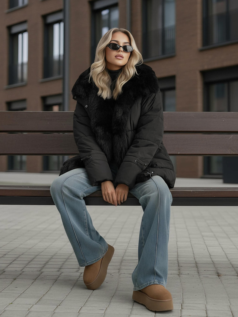 Kurtka zimowa damska z futerkiem czarna OZONEE JS/16M9185/392