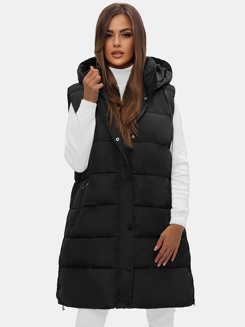 Kamizelka damska długa pikowana z kapturem czarna OZONEE O/81276