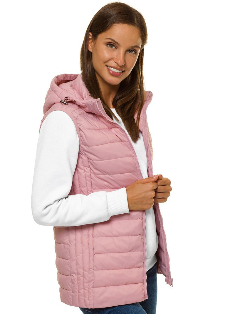 Kamizelka damska pikowana z kapturem pudrowa OZONEE JS/M23039/354