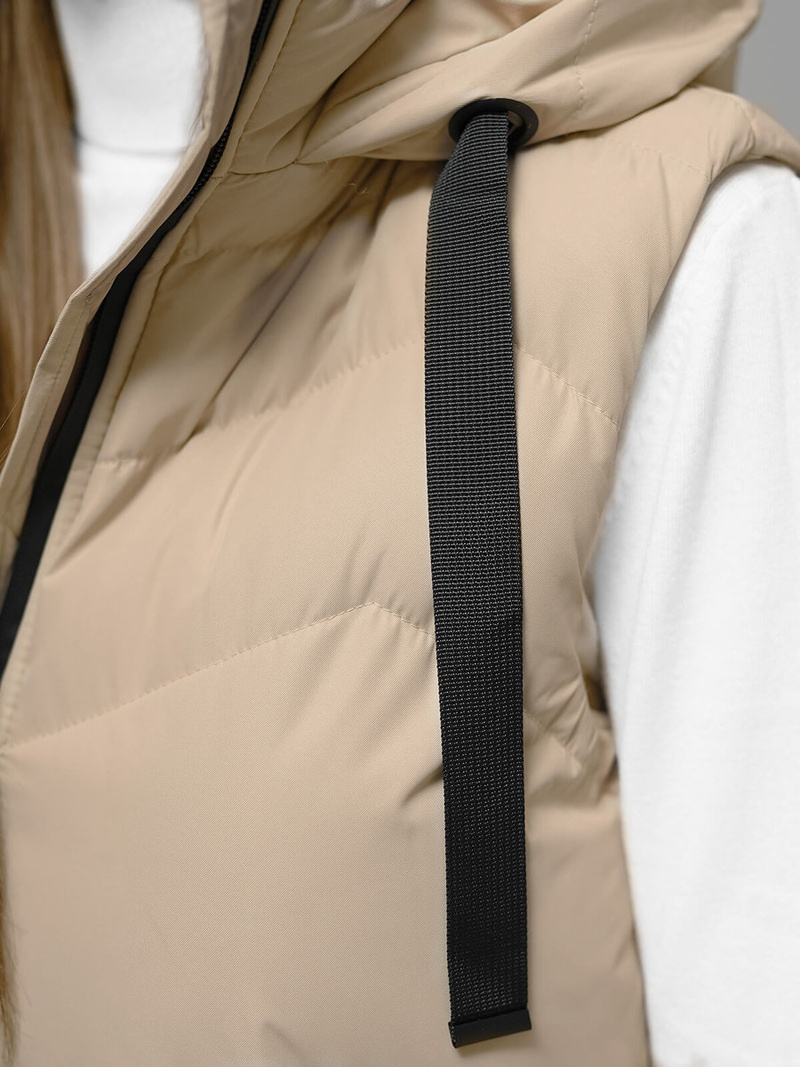 Kamizelka damska długa pikowana z kapturem beżowa OZONEE JS/M788/62Z