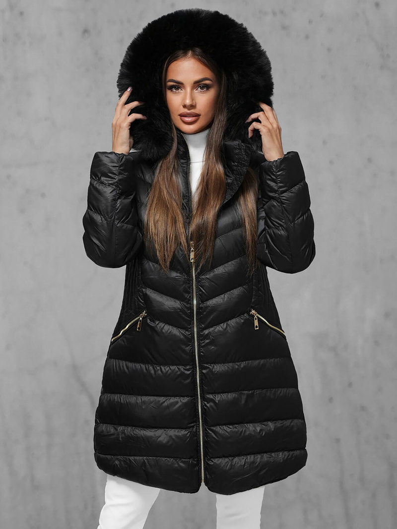 Kurtka zimowa damska długa z futerkiem czarna OZONEE JS/5M3162/392