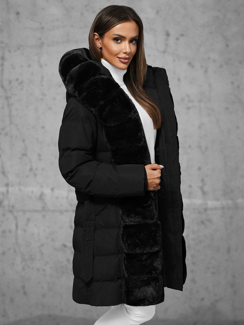 Kurtka zimowa damska długa z futerkiem czarna OZONEE JS/5M3158/392