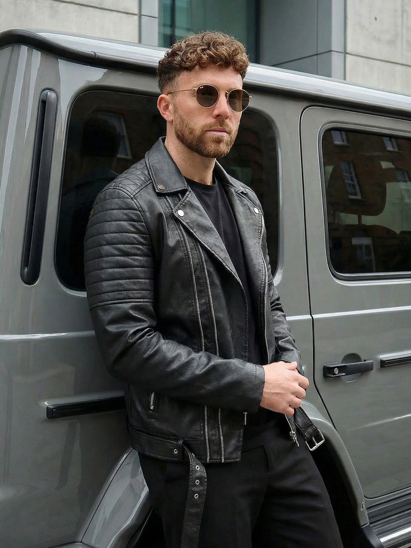 Чоловіча шкіряна куртка Чорна OZONEE JS/11Z8069