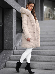 Kurtka zimowa damska długa z futerkiem ecru OZONEE JS/5M3156/254