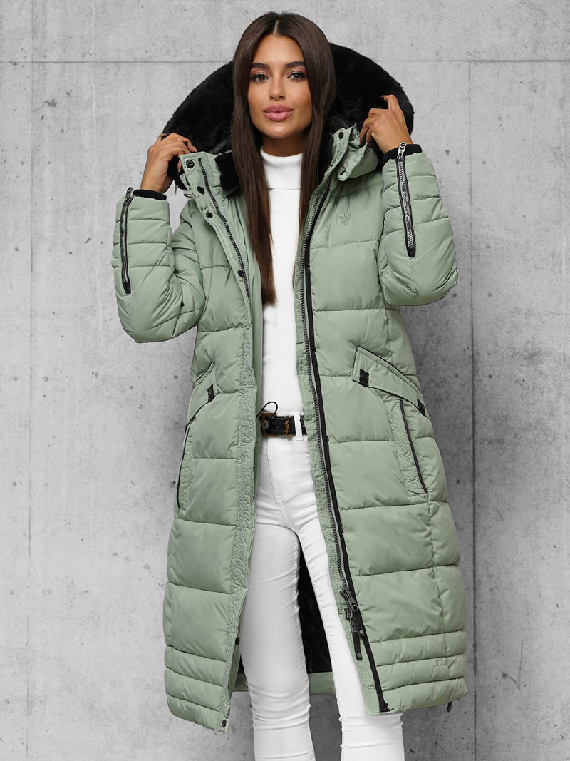 Kurtka zimowa damska długa pikowana miętowa OZONEE O/W377