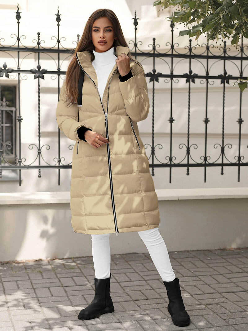 Kurtka zimowa damska długa pikowana beżowa OZONEE JS/M736/62Z