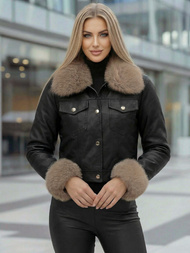 Жіноча шкіряна Kуртка Чорно-Бежева OZONEE JS/61M8513/392B