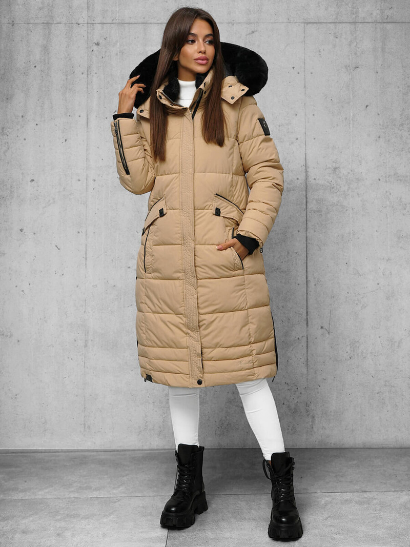 Kurtka zimowa damska długa pikowana beżowa OZONEE O/W377