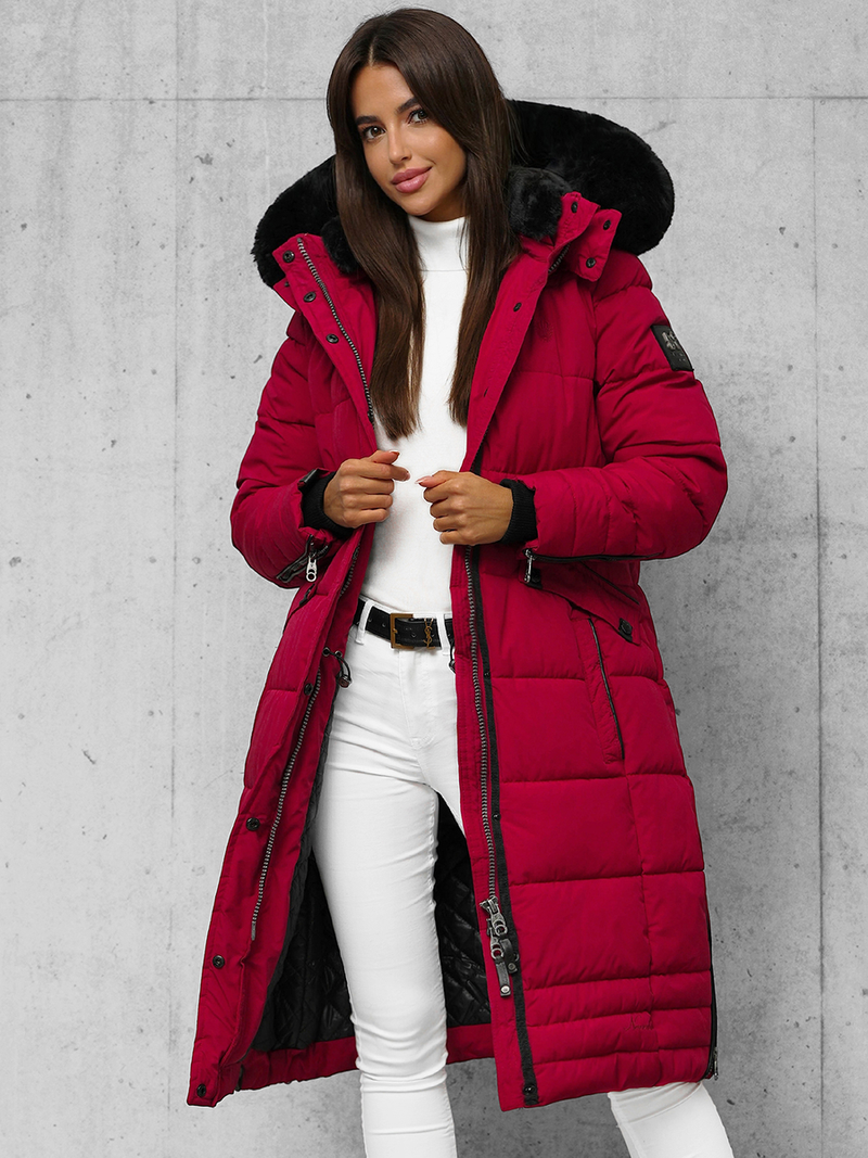 Kurtka zimowa damska długa pikowana ciemno-czerwona OZONEE O/W377