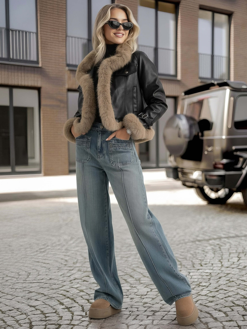 Kurtka skórzana damska z futerkiem czarna OZONEE JS/61M8517/392