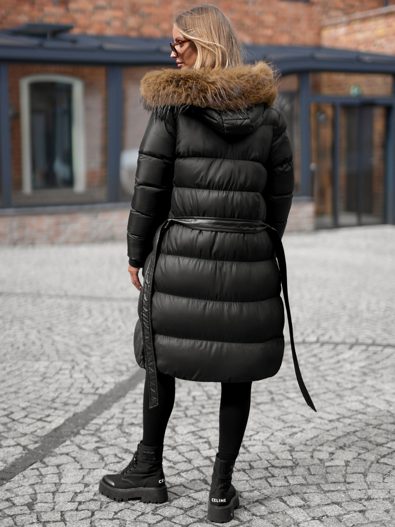 Kurtka zimowa damska długa z futerkiem czarna OZONEE JS/5M3298/392Z