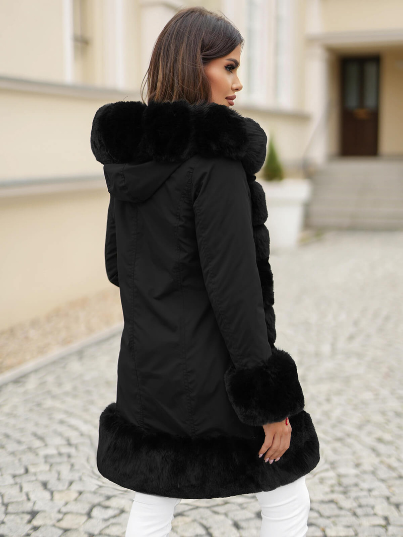 Kurtka zimowa damska długa z futerkiem czarna OZONEE JS/11Z8089Z