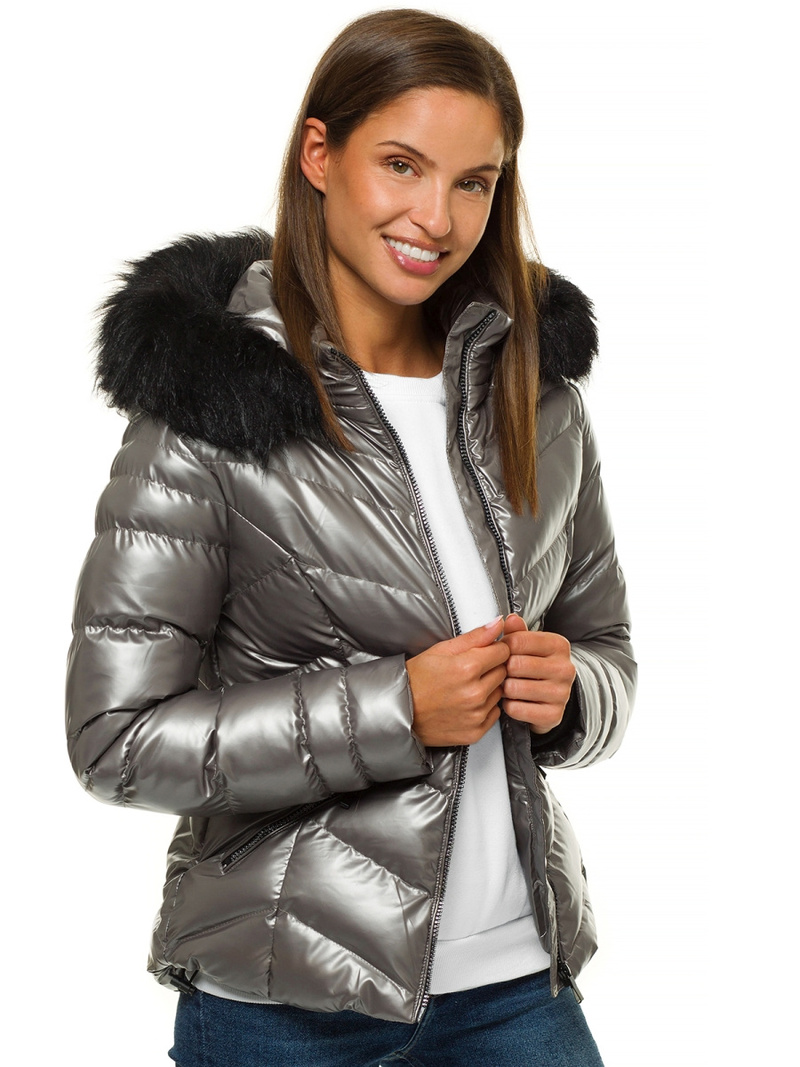 Kurtka zimowa damska z futerkiem srebrna OZONEE JS/M23068/3
