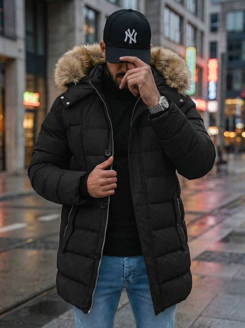 Kurtka zimowa męska pikowana z futerkiem czarna OZONEE JS/5M3122/392Z