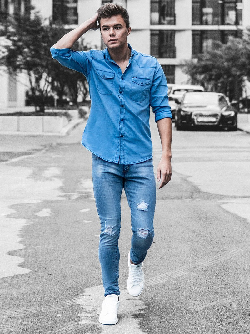 Koszula męska jeansowa jasno-niebieska OZONEE O/3466