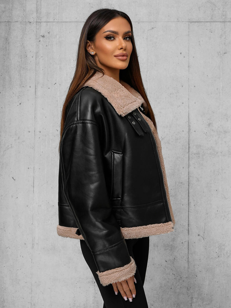 Жіноча шкіряна Kуртка Чорно-Бежева OZONEE JS/11Z8176Z