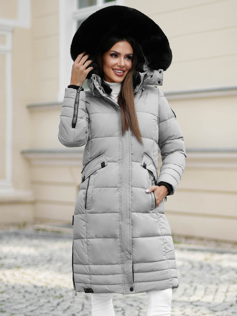 Kurtka zimowa damska długa pikowana szara OZONEE O/W377Z