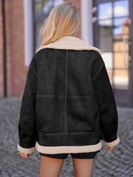 Kurtka skórzana damska z kożuchem czarno-beżowa OZONEE JS/61M8502/392B