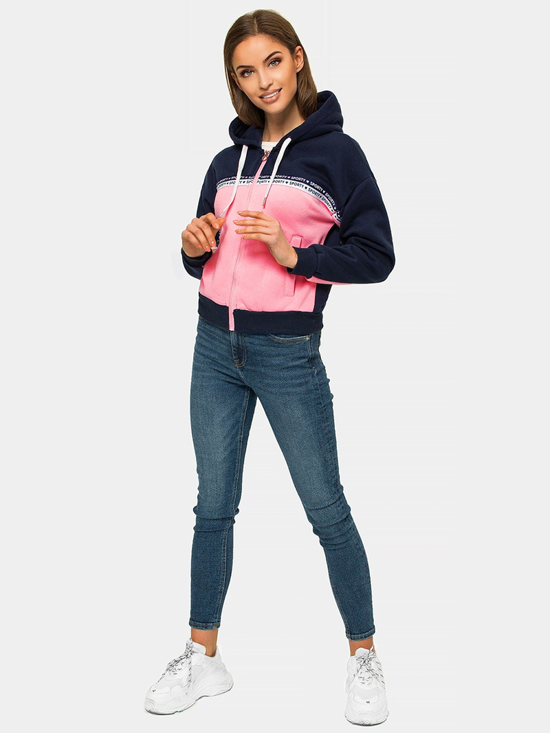 Bluza z kapturem rozpinana damska granatowo-różowa OZONEE JS/B26044