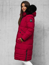 Kurtka zimowa damska długa pikowana ciemno-czerwona OZONEE O/W377