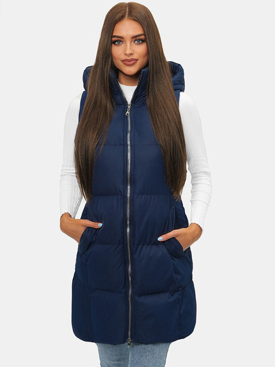 Kamizelka damska długa pikowana z kapturem granatowa OZONEE JS/M721/215