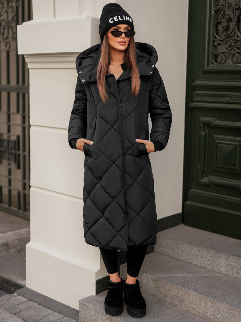 Kurtka zimowa damska długa pikowana czarna OZONEE JS/5M3173/392Z