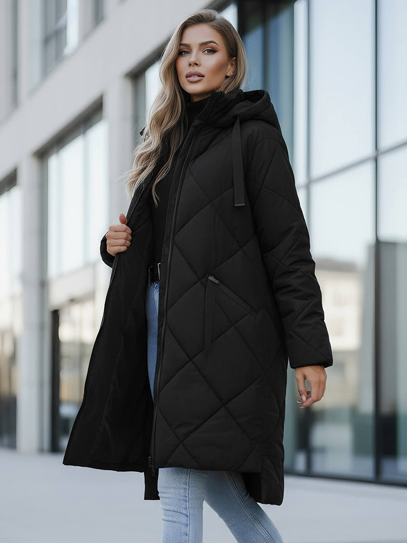 Kurtka zimowa damska długa pikowana czarna OZONEE JS/5M3168/392Z
