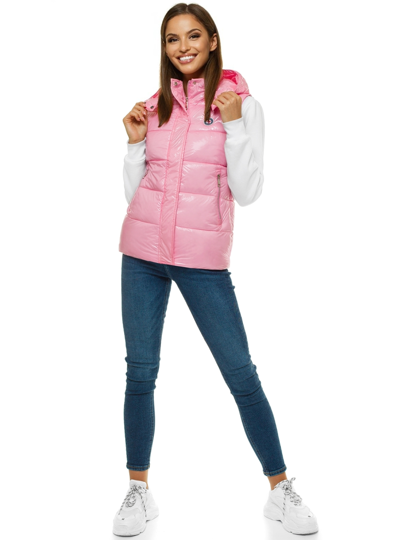 Kamizelka damska pikowana z kapturem jasnoróżowa OZONEE O/SW025/21