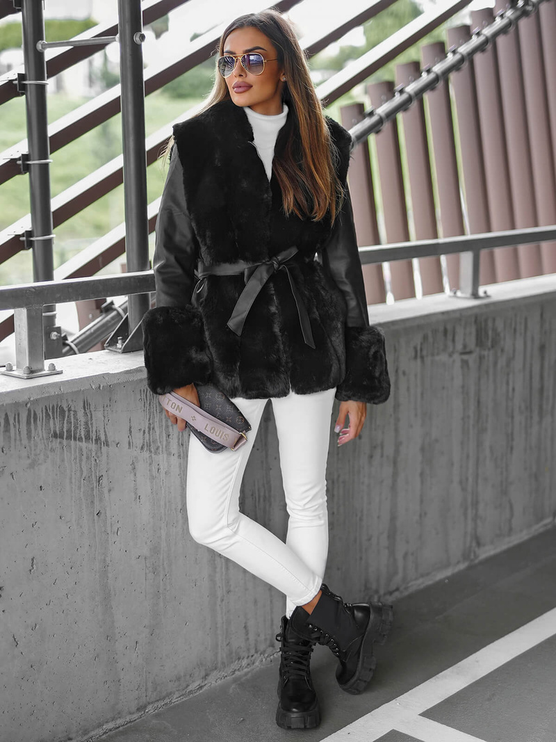 Kurtka zimowa skórzana damska z futerkiem czarna OZONEE JS/11Z8079Z