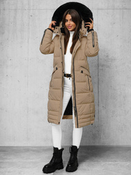 Kurtka zimowa damska długa pikowana ciemno-beżowa OZONEE O/W377