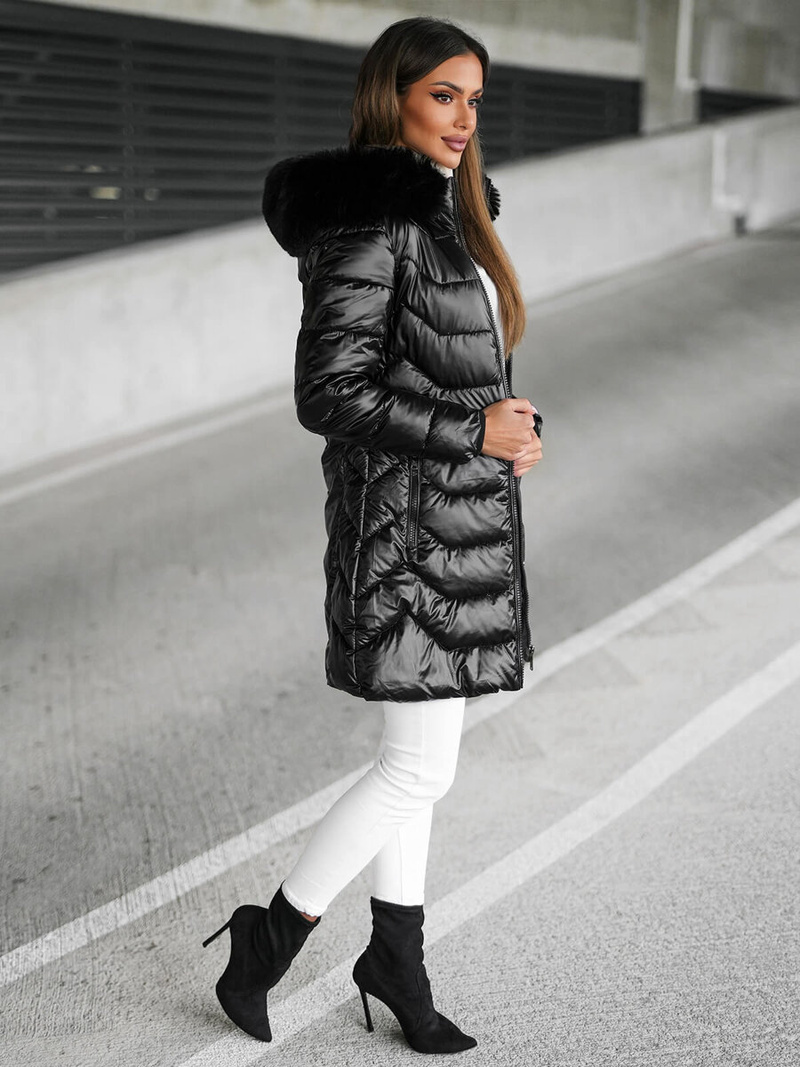 Kurtka zimowa damska długa z futerkiem czarna OZONEE JS/16M9122/392Z