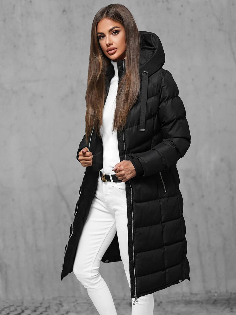 Kurtka zimowa damska długa pikowana czarna OZONEE JS/M736/392