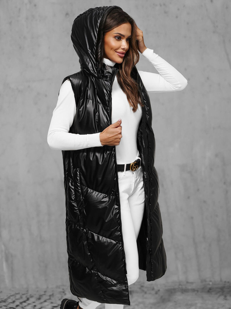 Kamizelka damska długa skórzana czarna OZONEE JS/5M3183/392