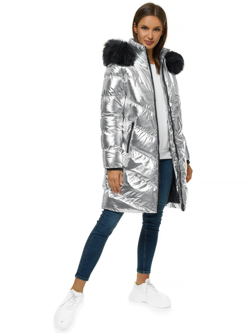 Kurtka zimowa damska parka z futerkiem srebrna OZONEE JS/M23069/2