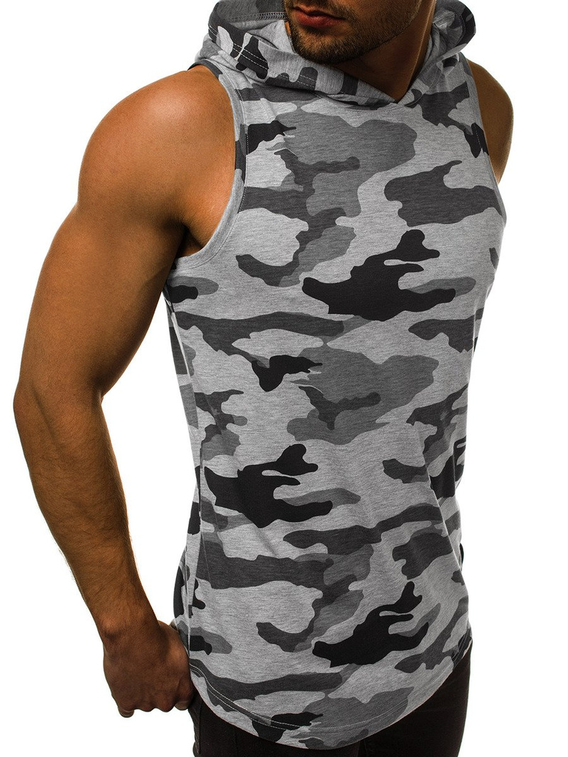 Koszulka bez rękawów z kapturem męska szary-moro OZONEE O/2537