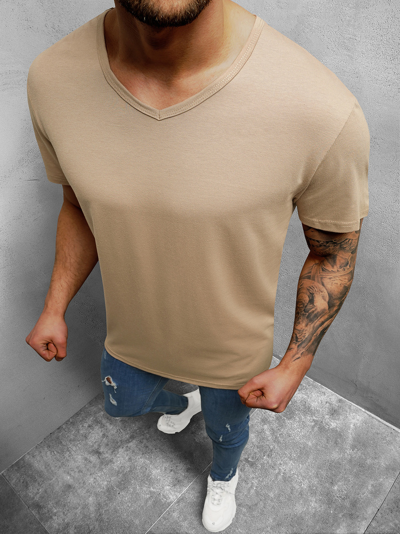 T-Shirt męski bez nadruku beżowy OZONEE JS/712007/91