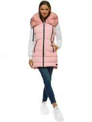 Kamizelka damska długa pikowana z futerkiem jasnoróżowa OZONEE O/M205/58