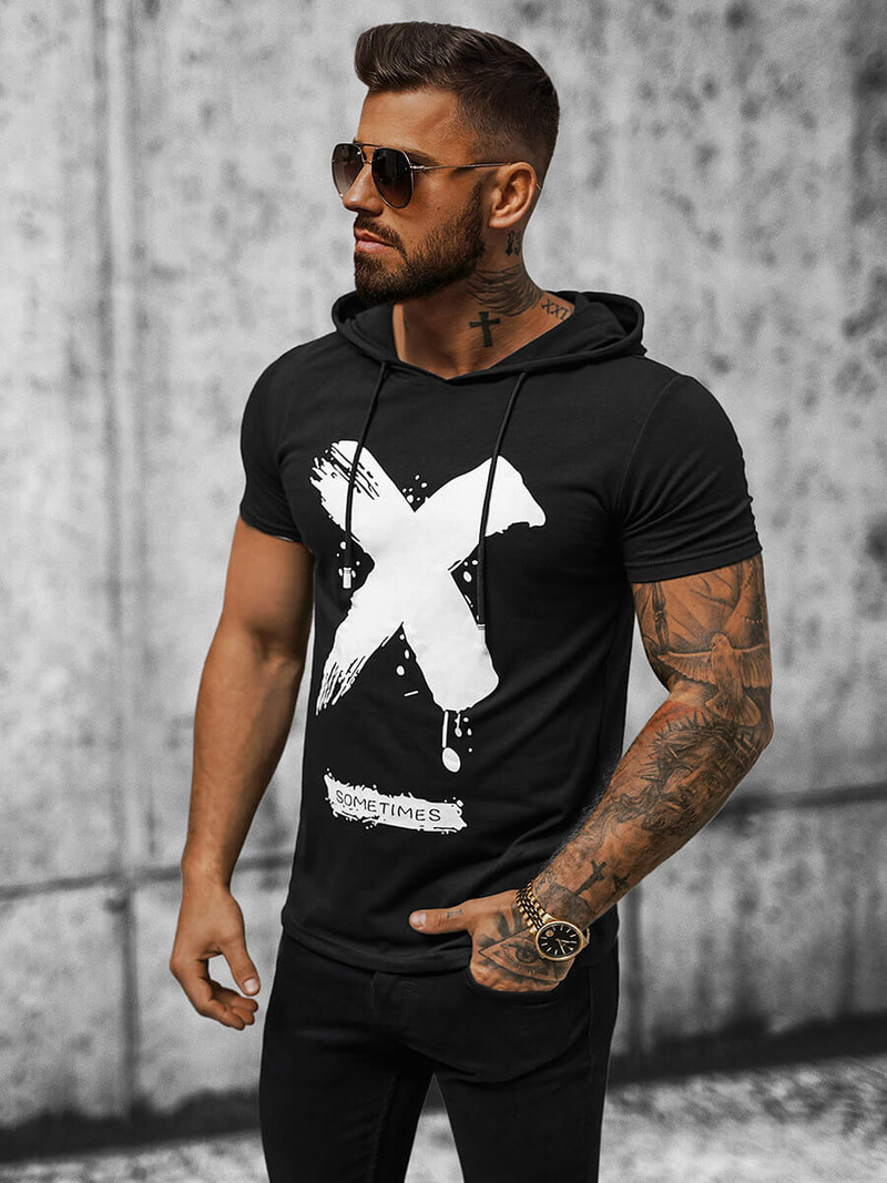T-shirt męski z kapturem czarny OZONEE JS/8T203