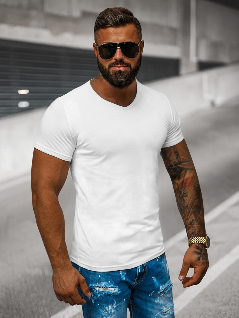 T-shirt męski bez nadruku biały OZONEE JS/712007Z