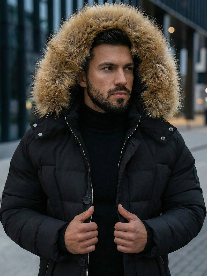 Kurtka zimowa męska pikowana z futerkiem czarna OZONEE JS/5M3122/392Z